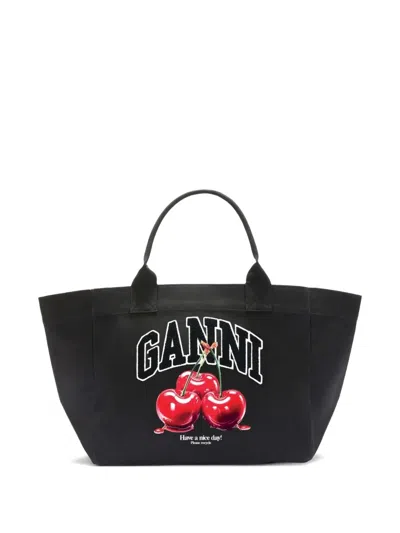 Ganni Xxl Cherry Logo Tote Bag In Black