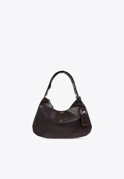 Ganni Xxl Croc-embossed Leather Shoulder Bag In Brown