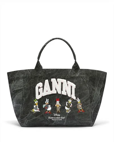 Ganni Xxl Daisy Duck Bleached Canvas Tote In Black