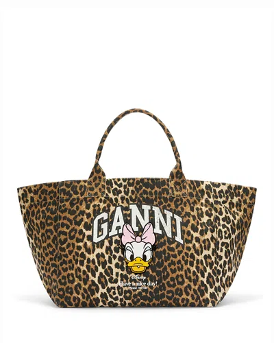 Ganni Xxl Daisy Duck Leopard Print Tote In Blue