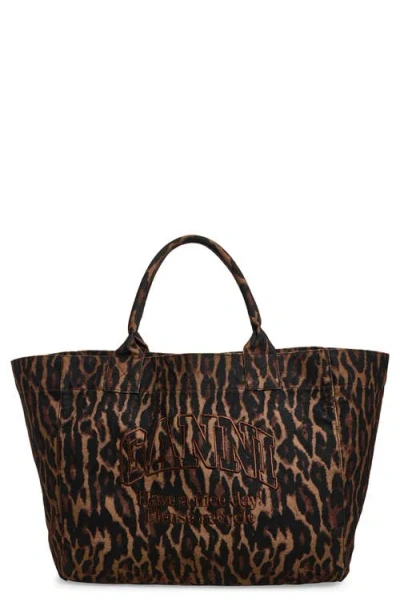 Ganni Xxl Easy Shopper Leopard Print Tote In Autumn Maple