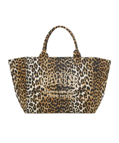 GANNI XXL LEOPARD PRINT CANVAS TOTE BAG