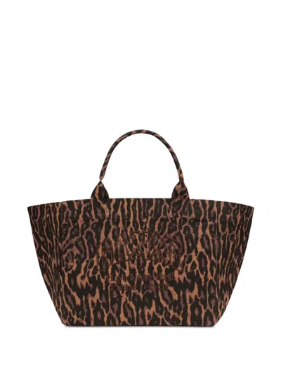 Ganni Xxl Leopard-print Embroidered Tote Bag In Blue