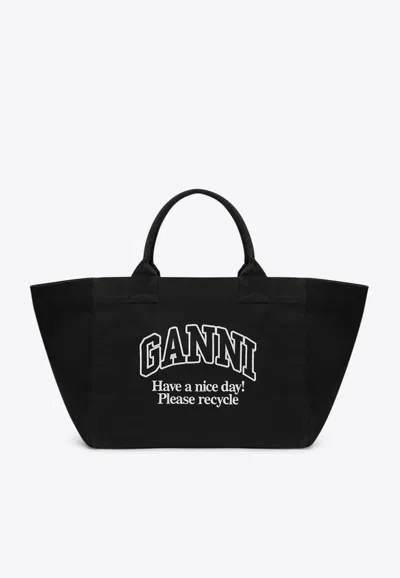 Ganni Xxl Logo Canvas Tote Bag In Black