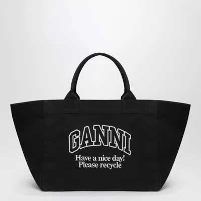 Ganni Xxl Black Canvas Tote Bag In Purple