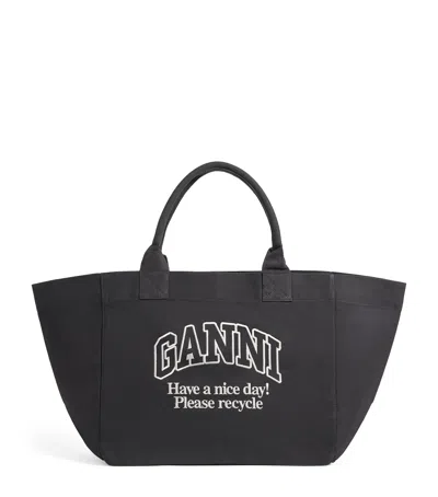 Ganni Xxl Recycled Cotton Tote Bag In Black