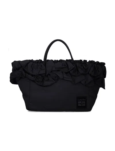 GANNI GANNI BLACK NYLON RUFFLED XXL SHOPPER BAG