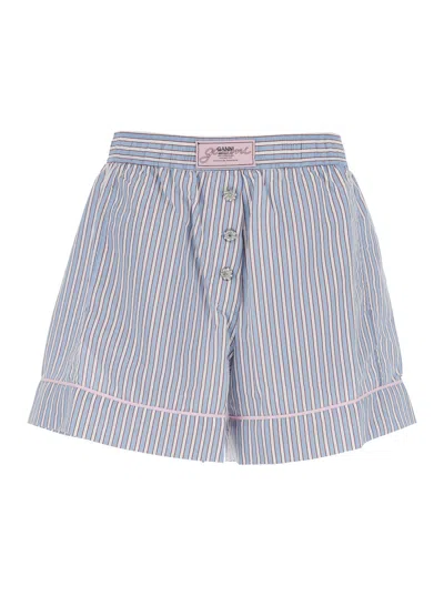 GANNI GANNI WOMEN VIOLET SHORTS WITH LOGO PATCH ON THE FRONT AND ALL-OVER STRIPED MOTIF IN VISCOSE BLEND W