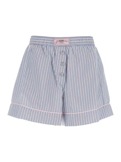 Ganni Striped Elastic Waistband Shorts With Back Pocket In Blue