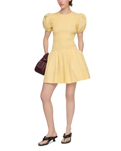 Ganni Shirred-effect Puff-sleeve Mini Dress In Yellow