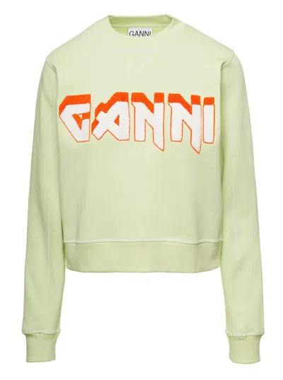 GANNI YELLOW CREWNECK SWEATER WITH LOGO PRINT AND CONTRASTING STITCHING IN COTTON WOMAN
