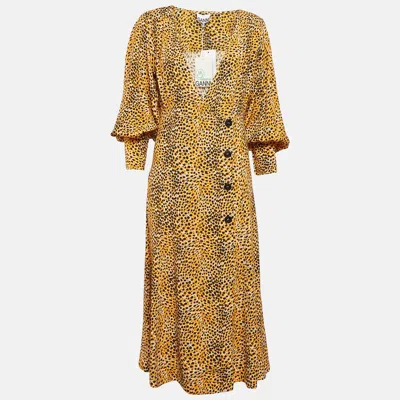Pre-owned Ganni Yellow Leopard Print Crepe Buttoned Midi Dress M