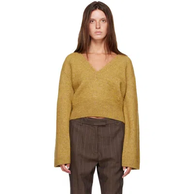 Ganni Yellow Melange Mohair Deep V-neck Sweater In Gold