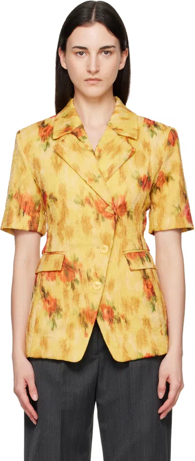 Ganni Shibori Organza Floral Blazer In Yellow