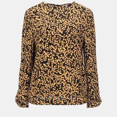 Pre-owned Ganni Yellow/black Floral Print Crepe Top S (eu 34)