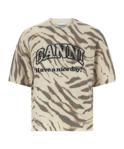 Ganni Zebra Logo Short-sleeve Knitted Jumper In Animal Print