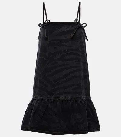Ganni Black Bow Denim Minidress In 099 Black