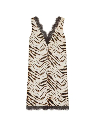Ganni Zebra Motif Midi Dress V Neckline Sleeveless In Brown