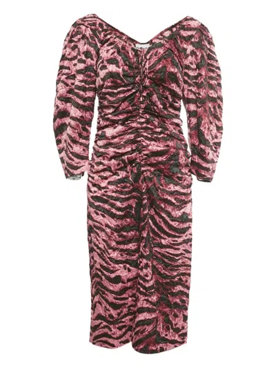 Pre-owned Ganni Zebra-print Ruched Dress In Pink