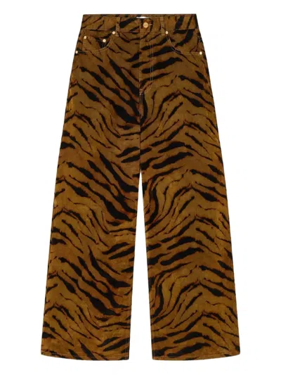 Ganni Zebra-print Cotton-blend Velveteen Wide-leg Pants In Brown