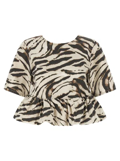 Ganni Zebra-print Denim Blouse In Cream