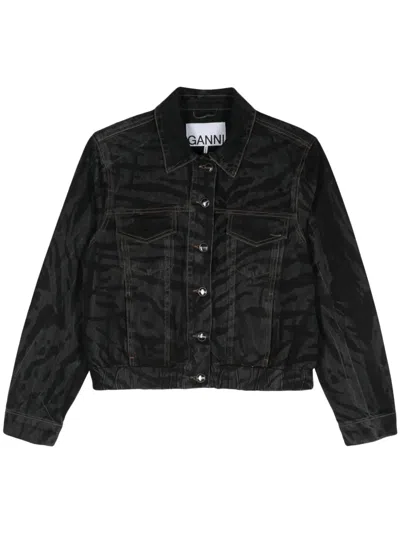 Ganni Animal Motif Denim Cropped Jacket In Black