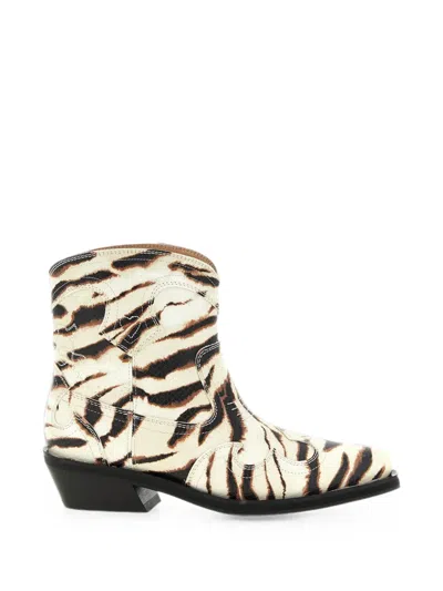 Ganni Zebra-print Embroidered Ankle Boots In Multi