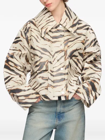 Ganni Zebra Print Cropped Cotton Blend Jacket In Multi