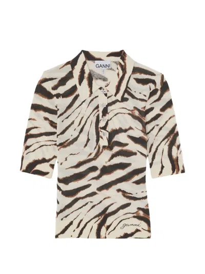 Ganni Gray Sheer Printed Cotton Polo Shirt In White