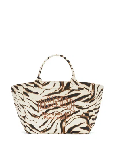 Ganni Zebra-print Logo-embroidered Tote Bag In Neutral