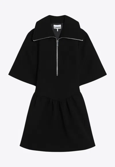 Ganni Mini Dress With Gathered Waist And Short Sleeves In Black