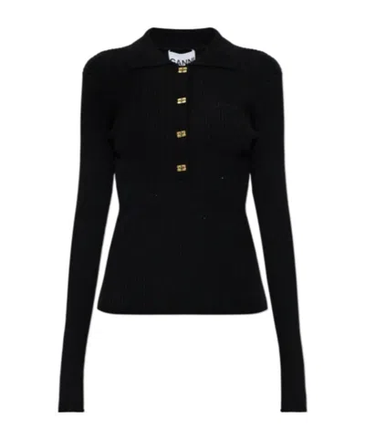 Ganni E Long-sleeved Knitted Polo Top In Black