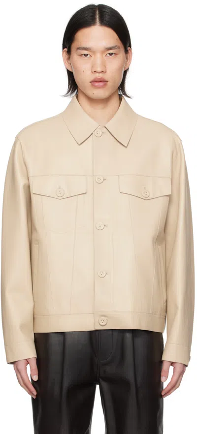 Gant 240 Mulberry Street Beige Button Leather Jacket In 130-cream