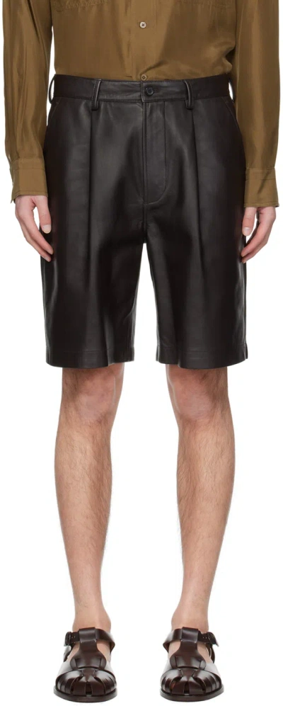Gant 240 Mulberry Street Brown Pleated Leather Shorts In 274-rich Brown