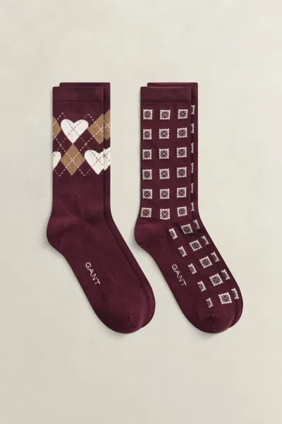 Gant 2-pack Argyle Heart Socks Gift Box In Darkened Wine