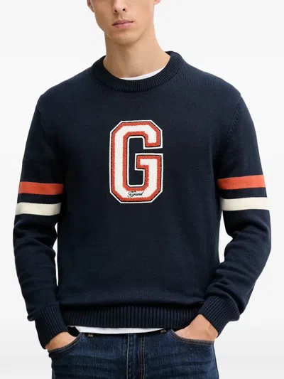 Gant Appliqué Striped-sleeve Sweater In Blue