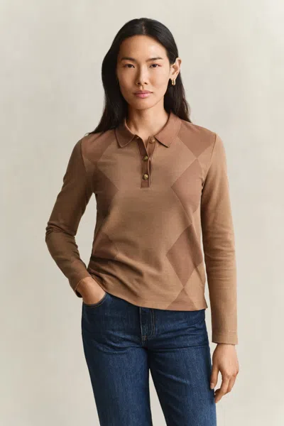 Gant Argyle Long Sleeve Polo Shirt In Brown