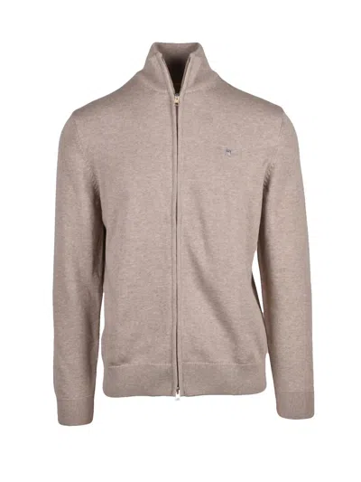 Gant Beige Zip-through High Collar Cotton Cardigan In Grey
