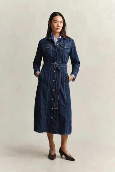 Gant Belted Denim Midi Dress In Blue