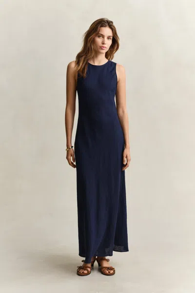 Gant Bias Cut Linen Midi Dress In Blue