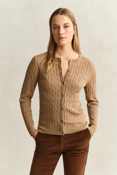 Gant Cable Knit Cardigan In Warm Khaki