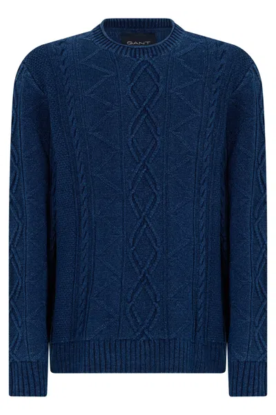 Gant Cable Knit Cotton Crew Neck Sweater In Blue