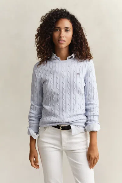 Gant Cable Knit Crew Neck Sweater In Blue