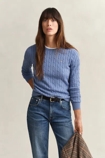 Gant Cable Knit Crew Neck Sweater In Blue