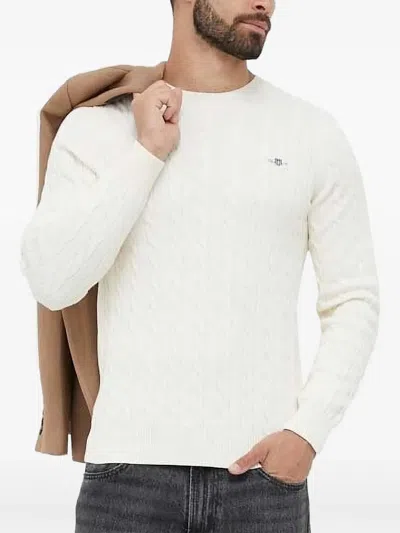 Gant Cable-knit Crew-neck Sweater In White