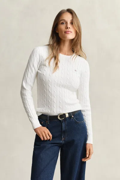 Gant Cable Knit Crew Neck Sweater In White