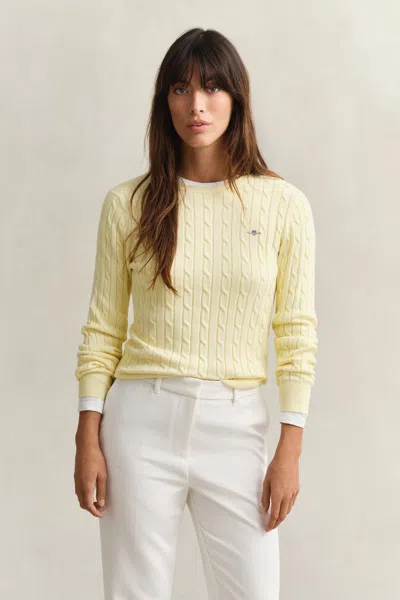 Gant Cable Knit Crew Neck Sweater In Yellow