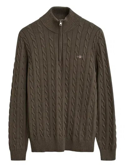 Gant Cable-knit Half-zip Sweater In Brown