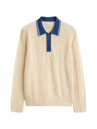 Gant Cable-knit Polo Shirt In Neutral