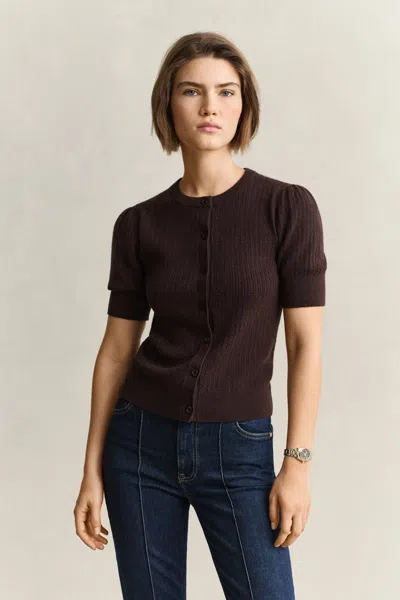 Gant Cable Knit Short Sleeve Cardigan In Brown